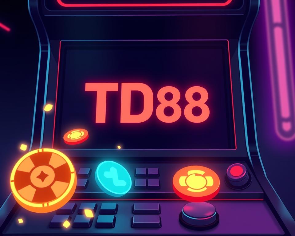 A vibrant, minimalist illustration of a slot machine interface, showcasing the "TD88" brand logo. In the foreground, a glowing set of free spin icons dance against a dark, moody backdrop. The middle ground features a sleek, metallic control panel with clearly delineated buttons and switches, hinting at the strategic optimization of free spin mechanics. The background is shrouded in a neon-tinged, almost futuristic ambiance, evoking the thrill and excitement of the nổ hũ (jackpot) experience. Crisp, high-contrast lighting emphasizes the technological sophistication of the system, while a subtle sense of depth and perspective draws the viewer into the dynamic, immersive gaming environment.