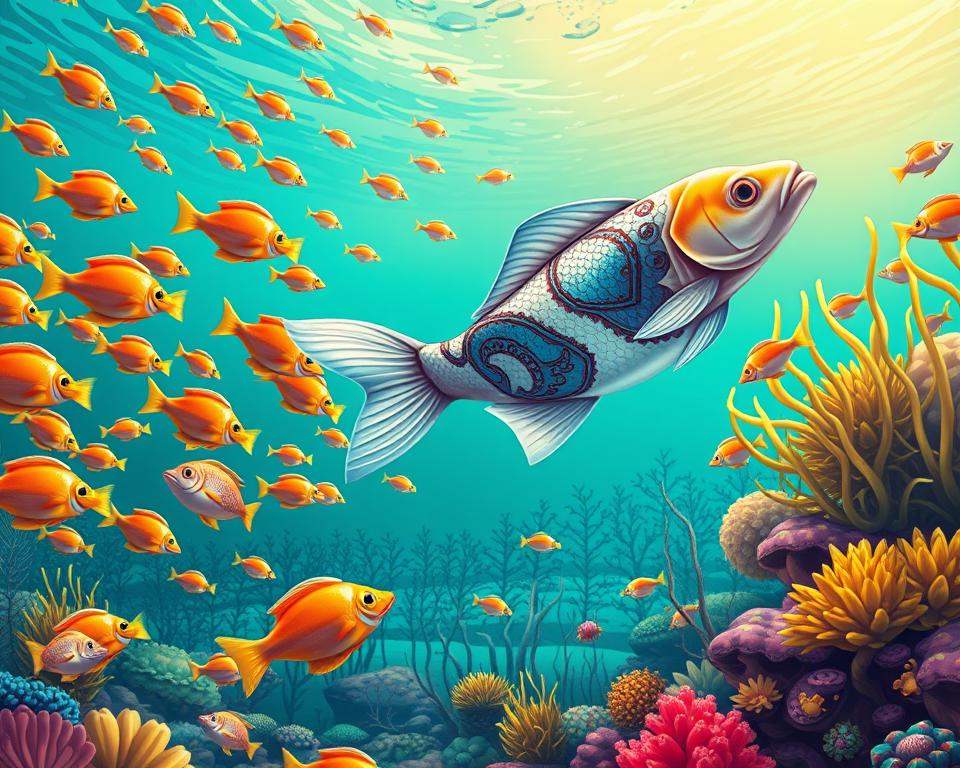 A vibrant underwater scene showcasing the diverse marine life of a bountiful fishing hole. In the foreground, a school of brightly colored tropical fish dart and swirl, their scales shimmering under the warm, sun-dappled waters. In the middle ground, a majestic, larger-than-life koi fish swims gracefully, its flowing fins and ornate patterns commanding attention. In the background, a lush seabed dotted with coral reefs and swaying kelp creates a sense of depth and tranquility. The lighting is soft and natural, casting a golden glow that enhances the vibrancy of the scene. The overall composition is balanced and visually striking, capturing the essence of the "fish factor" and "reward ratio" at the heart of the TD88 fishing game.