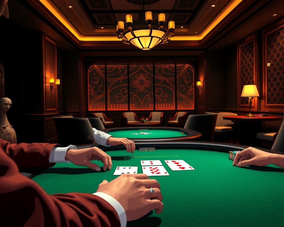 A visually engaging scene showcasing the allure of live casino gaming at TD88. Set in a sophisticated, dimly lit casino interior, the foreground features a dealer expertly dealing cards on a green felt table, their focused expression and deft movements captivating the player's attention. The middle ground reveals the player's hands eagerly anticipating their cards, the tension and excitement palpable. In the background, a luxurious lounge-like atmosphere with plush furnishings, subtle mood lighting, and discreet casino accents creates an immersive and exclusive ambiance. The overall composition evokes the thrill, elegance, and immediacy of real-time casino gaming at TD88.