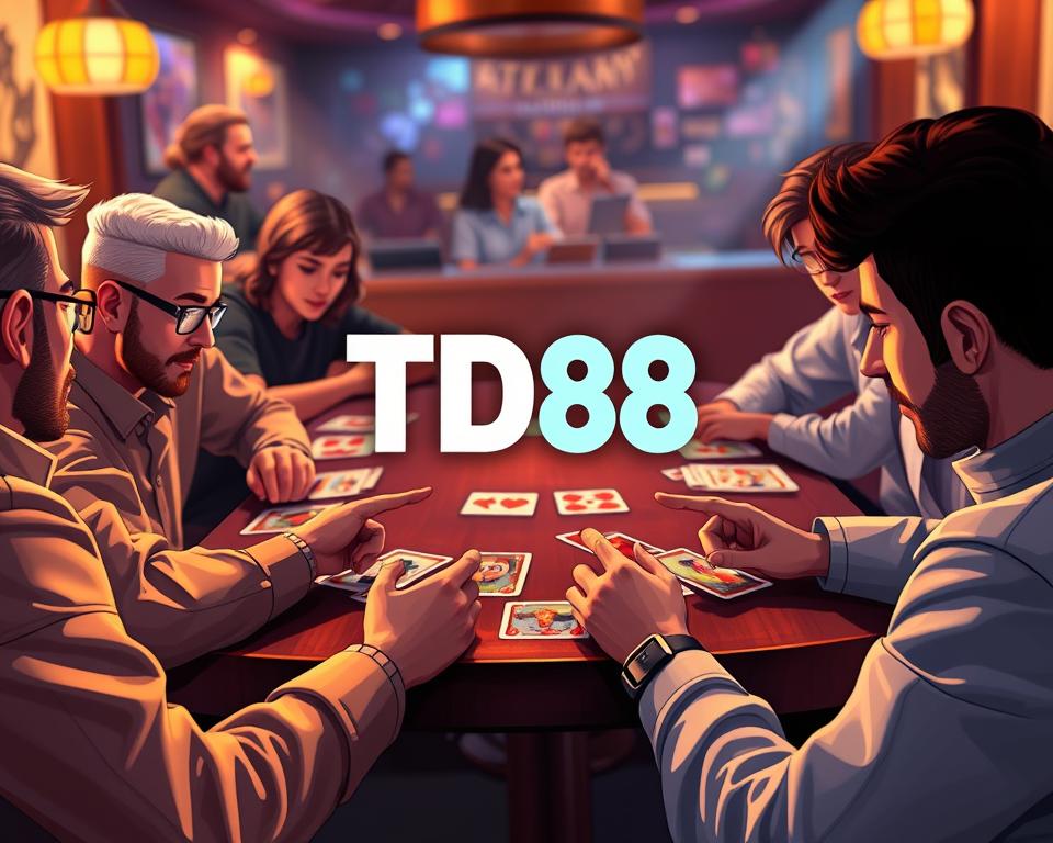 A visually striking digital card game table, featuring the bold "TD88" logo. The scene depicts a dynamic multiplayer environment, with players engaged in a lively card game session. The table is illuminated by warm, ambient lighting, creating a cozy, inviting atmosphere. The cards themselves are vividly detailed, with intricate designs and vibrant colors. The players' expressions convey a sense of focused intensity and friendly competition. The background is blurred, drawing the viewer's attention to the central gaming experience. The overall composition suggests a sophisticated, immersive digital gaming experience.