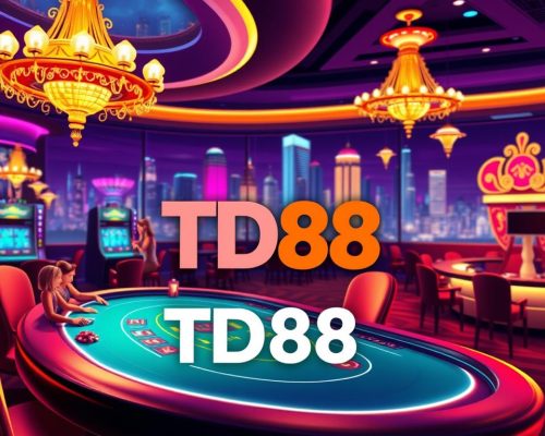 A visually striking online casino scene with the TD88 brand prominently displayed. The foreground features a stylish, neon-lit gaming table with players engaged in high-stakes action. In the middle ground, a luxurious, modern casino interior with gleaming chandeliers and richly appointed furnishings. The background depicts a bustling city skyline, hinting at the excitement and thrill of the online gambling experience. The lighting is dramatic, with a mix of warm and cool tones creating a sense of energy and sophistication. The overall composition conveys the opulence, allure, and immersive nature of the online casino experience.