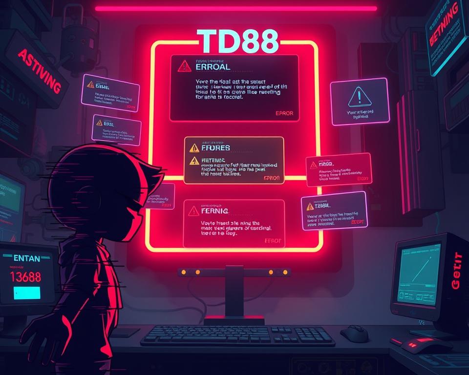 A visually striking scene depicting common game glitches and errors, showcasing a TD88 interface in a dimly lit, neon-infused environment. The foreground features a distorted, glitching game character model, its form flickering and corrupted. In the middle ground, a series of error messages and warning signs hover ominously, their pixelated text and symbols hinting at technical malfunctions. The background is shrouded in a hazy, atmospheric glow, with subtle hints of game asset textures and UI elements peeking through the digital haze, creating a sense of a malfunctioning, unsettled virtual space. The overall mood is one of technological disruption and the unpredictable nature of digital entertainment.