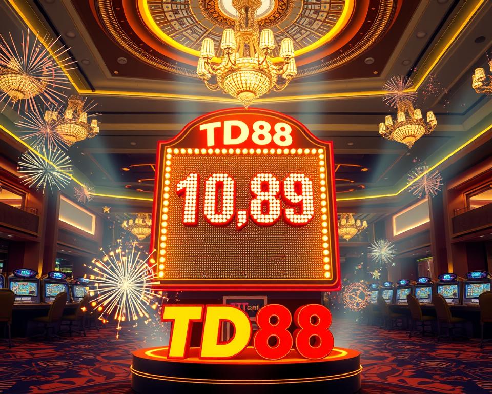 A dazzling, high-resolution image of a massive Vietlott jackpot display in a modern, well-lit casino setting. In the foreground, the iconic TD88 logo stands out prominently, surrounded by a shower of virtual fireworks and glowing neon lights. The middle ground features a large, illuminated digital display showcasing the current jackpot amount, which is depicted as an eye-catching, strikingly large number. In the background, the opulent casino interior is visible, with ornate chandeliers, luxurious furnishings, and a sense of grandeur and excitement. The overall atmosphere conveys the thrill and anticipation of a life-changing Vietlott jackpot win.
