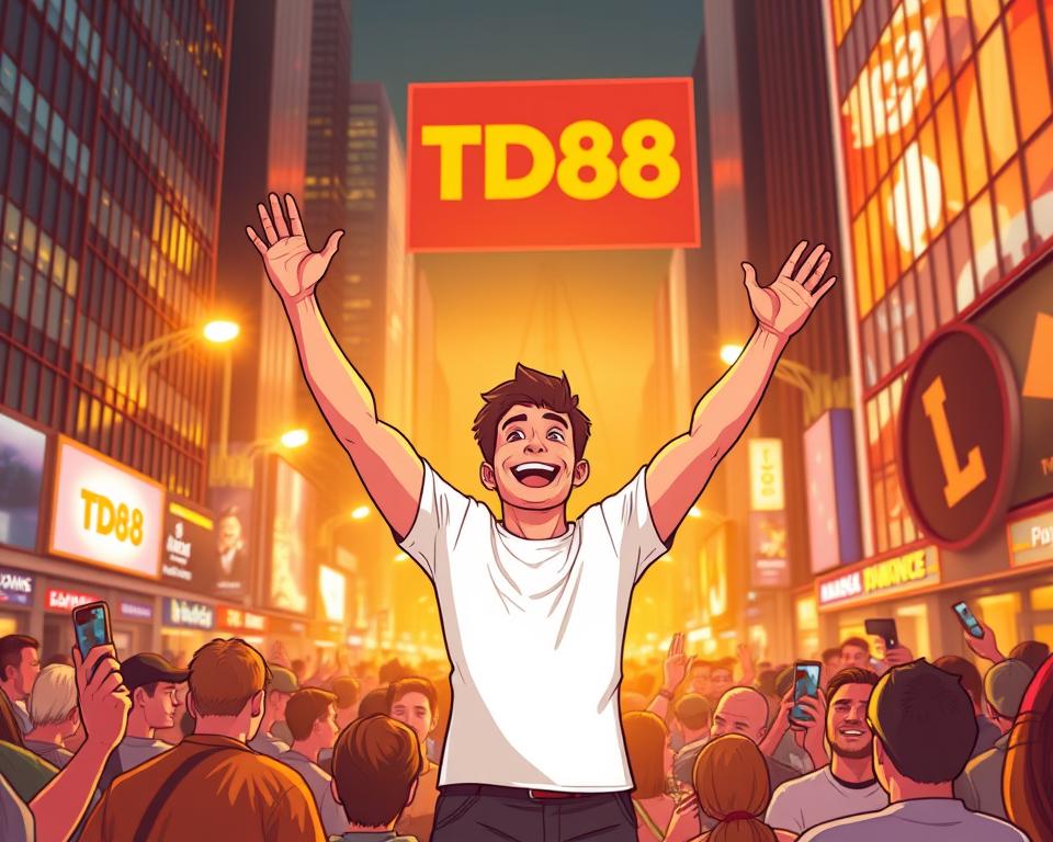A joyful person stands in the center, arms raised in celebration, surrounded by a vibrant crowd. Their face radiates pure elation, a testament to the life-changing win. The setting is a bustling city street, with towering skyscrapers and neon lights illuminating the scene. The warm, golden lighting creates a sense of warmth and happiness. In the background, a large billboard displays the TD88 logo, adding a touch of modernity and branding to the composition. The overall atmosphere is one of excitement, triumph, and the realization of a dream come true.
