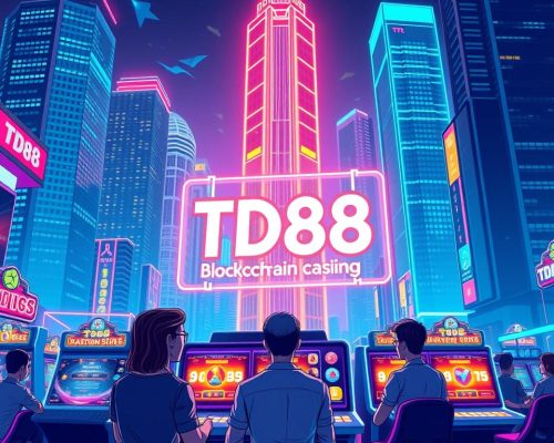 A neon-lit blockchain-powered gaming arcade, showcasing the integration of blockchain technology in the world of online casino games. The foreground features a large holographic display demonstrating the functionality of a TD88 blockchain-based slot machine, with sleek, futuristic design elements. The middle ground depicts players immersed in the gaming experience, their faces illuminated by the vibrant, holographic interfaces. The background is a cityscape of towering skyscrapers, their facades adorned with digital signage and holograms, creating an atmosphere of technological innovation and progress. Dramatic lighting, with neon accents and a color palette of blues, greens, and purples, heightens the futuristic and immersive ambiance.