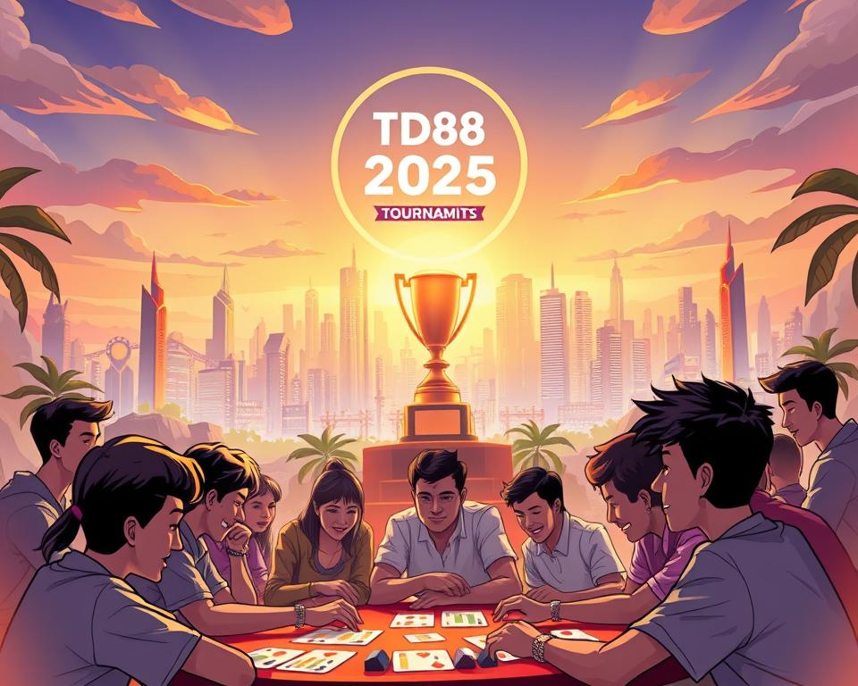 A serene digital landscape showcases the benefits of participating in the expansive 2025 Online Card Game Tournament. In the foreground, a group of enthusiastic players engage in a lively match, their faces aglow with concentration. The middle ground features a towering trophy, its polished surface reflecting the tournament's grandeur. In the background, a vibrant, futuristic cityscape sets the stage, complete with the distinctive TD88 brand logo, symbolizing the tournament's prestige. Warm lighting bathes the scene, creating a sense of energy and excitement. The overall atmosphere conveys the thrill and camaraderie of being part of this prestigious online card game event.