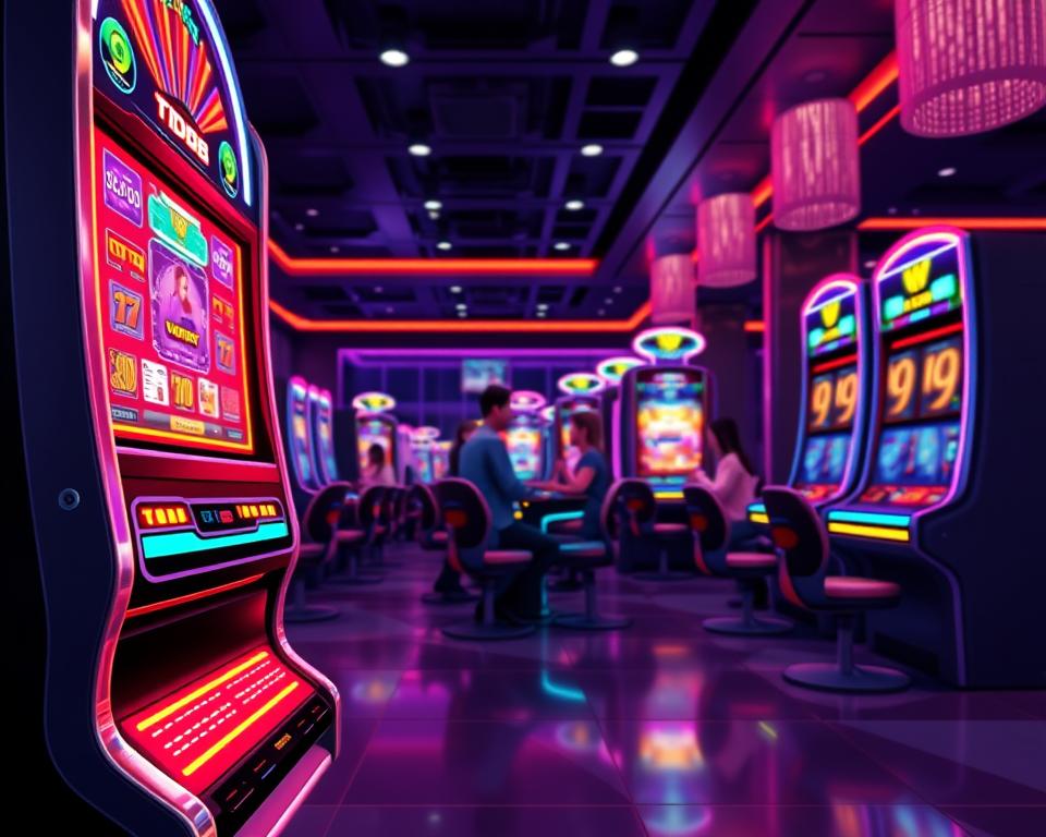 A state-of-the-art game technology casino scene, showcasing the modern and innovative slot machine game "TD88". In the foreground, a sleek and futuristic slot machine with vibrant neon lights and glossy metallic accents commands attention. The middle ground features a group of players engrossed in the game, their faces illuminated by the machine's hypnotic display. In the background, a dimly lit casino interior with sophisticated lighting design and minimalist decor creates an atmosphere of excitement and anticipation. The overall composition conveys the cutting-edge nature of the gaming technology, drawing the viewer into the immersive and captivating world of the "TD88" slot machine experience.