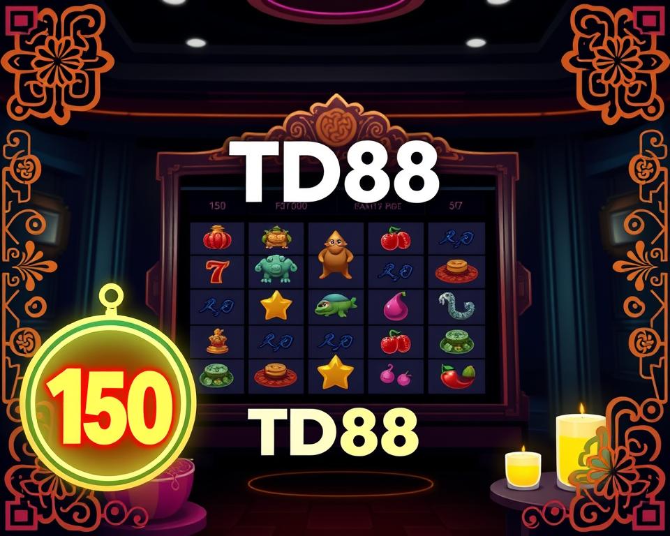 A stylish and visually captivating illustration of a game nổ hũ interface, showcasing the payout rate. In the foreground, a large, glowing jackpot number commands attention, surrounded by intricate patterns and symbols reminiscent of traditional Vietnamese art. In the middle ground, the game grid features a selection of iconic nổ hũ symbols, rendered with a sleek, metallic sheen. The background depicts a dimly lit, atmospheric casino setting, with moody lighting and a sense of anticipation. The overall composition conveys a balance of luck, technology, and cultural heritage. Prominently displayed is the brand name "TD88", seamlessly integrated into the design. This image effectively captures the essence of the "Cách xác định tỷ lệ trả thưởng trong các game nổ hũ" section.