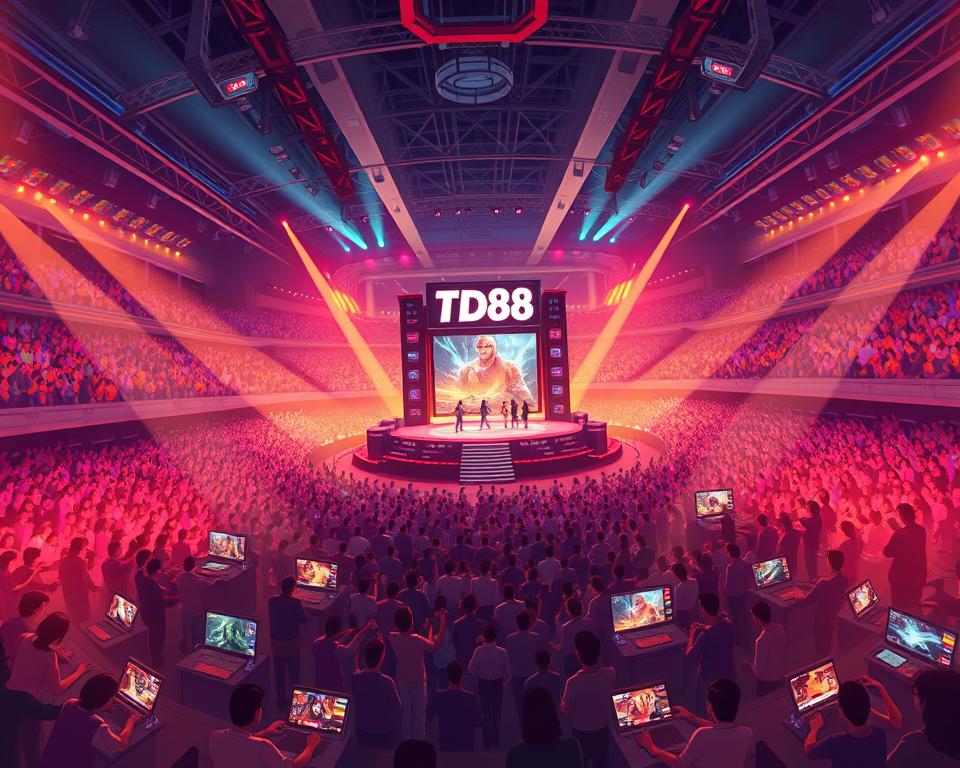 A vast, expansive digital arena filled with vibrant energy. Thousands of players gathered, their screens ablaze with the strategic dance of online card games. In the center, a towering stage where champions clash, their skillful maneuvers commanding the attention of the hyped crowd. The scene is alive with the tension of fierce competition, the air electric with the thrill of high-stakes gameplay. Warm lighting bathes the scene, creating a sense of immersion and excitement. Sleek, modern design elements, including the prominent "TD88" branding, lend an air of professionalism and prestige to this grand online gaming tournament.