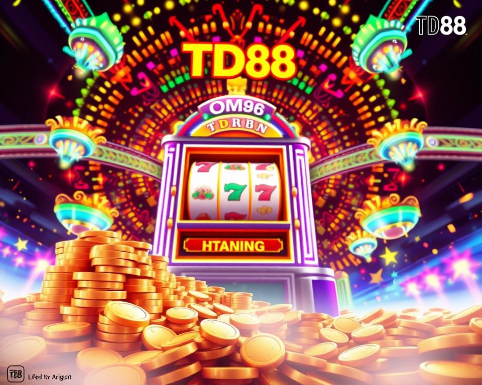 A visually striking and captivating image of "Tỷ lệ trả thưởng nổ hũ" showcasing the thrilling potential of the game. In the foreground, a towering stack of golden coins spills out, hinting at the incredible payouts. The middle ground features a larger-than-life slot machine, its reels spinning with anticipation. The background is a dazzling kaleidoscope of neon lights, casting an energetic glow over the scene. The overall composition conveys a sense of excitement and the promise of life-changing winnings. Subtle branding of "TD88" is seamlessly integrated into the design. Cinematic lighting and a wide-angle lens capture the grandeur and allure of this captivating gaming experience.