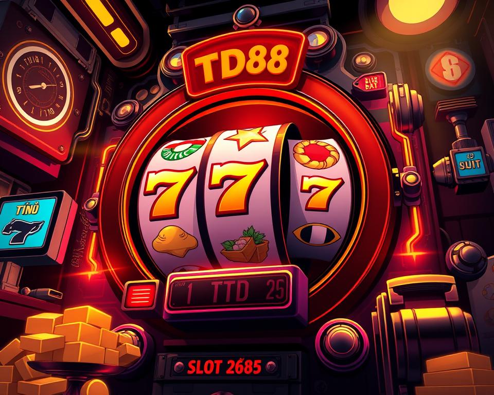A visually striking and highly detailed illustration of the inner workings of a classic "nổ hũ" gambling game. The scene depicts the key mechanics at play - a spinning slot machine reel, filled with vibrant symbols like lucky 7s, gold bars, and the iconic TD88 logo. The reels are set against a richly textured background, featuring elements like glowing neon lights, intricate machinery, and a sense of depth and perspective. The lighting is dramatic, with sharp contrasts and moody shadows, creating an atmosphere of anticipation and excitement. The overall composition is balanced and visually compelling, drawing the viewer's eye to the central slot machine and highlighting the core mechanics that drive this popular genre of Vietnamese gaming.