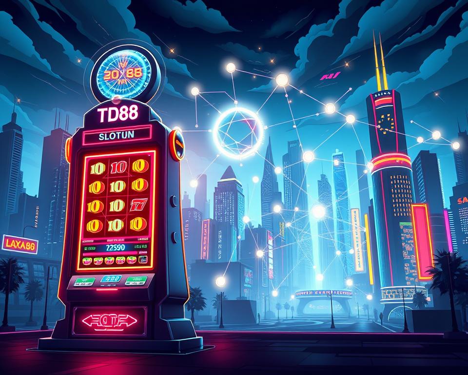 A visually stunning blockchain technology landscape, showcasing the integration of blockchain into the thrilling world of slot machine gaming. In the foreground, a towering TD88 slot machine displays a vibrant, holographic interface, its reels spinning with a mesmerizing luminescence. The middle ground features a blockchain network structure, with nodes interconnected by glowing data streams. In the background, a futuristic cityscape with towering skyscrapers and neon-lit signage creates an immersive cyberpunk atmosphere. Dramatic lighting casts long shadows, emphasizing the technological depth and complexity of this innovative fusion of blockchain and gaming. Capture the boundless potential of blockchain's impact on the lucrative slot machine industry.