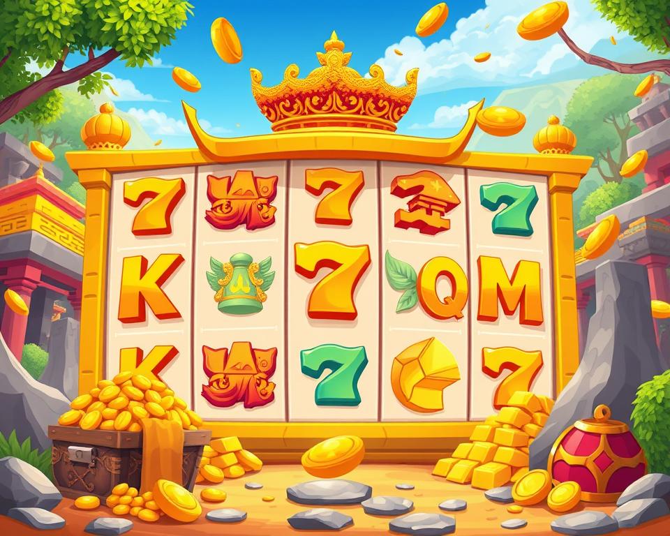 Hình ảnh game nổ hũ Vương Quốc Vàng với các biểu tượng vàng và châu báu